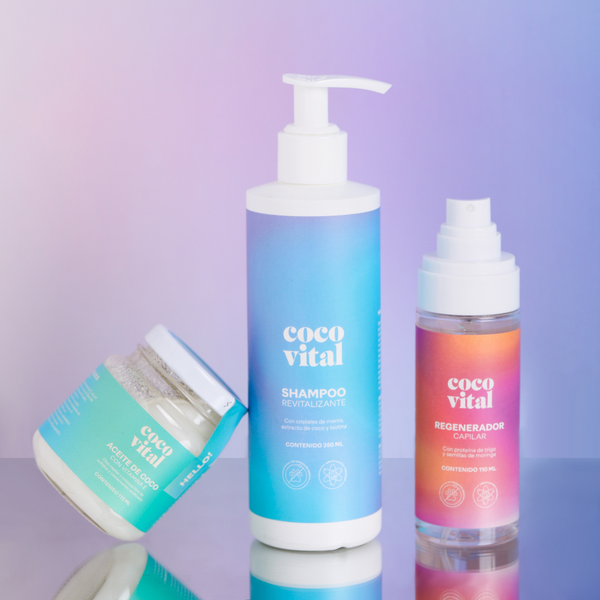Kit:  Shampoo 250ml + Regenerador 110ml + Aceite de Coco 110ml